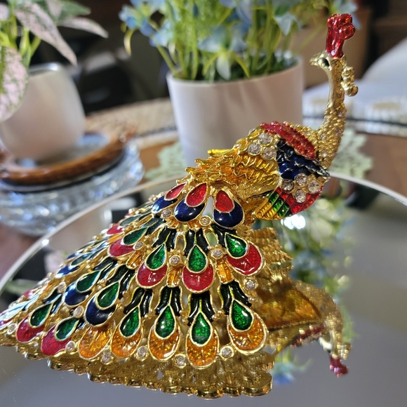 Vintage Rhinestone Colorful Peacock Trinket Box - Picture 3 of 8